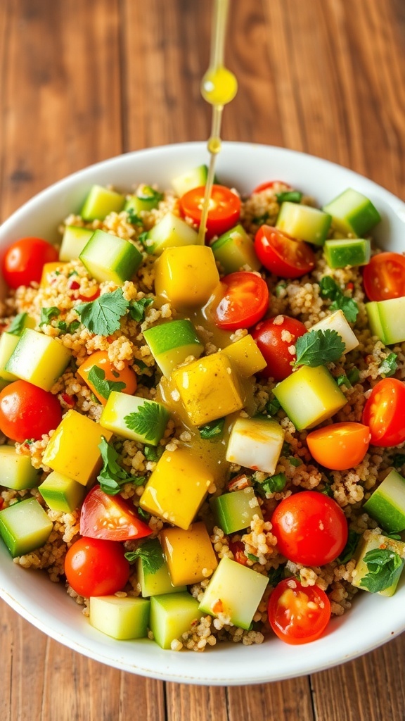 A colorful quinoa salad with cucumbers, tomatoes, and herbs, topped with a zesty dressing on a wooden table.